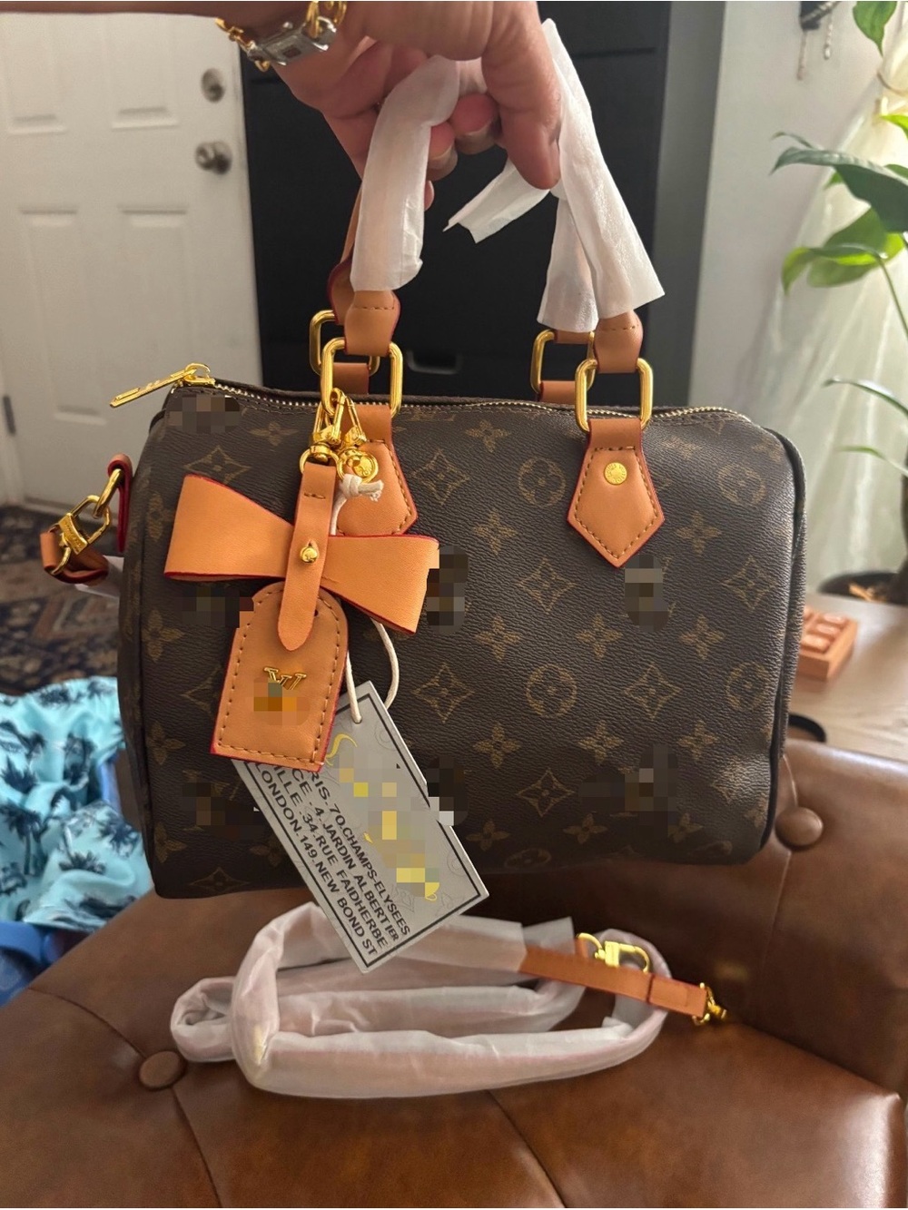 Classic Monogram Brown Satchel with Tan Trim and Orange Bow Charm